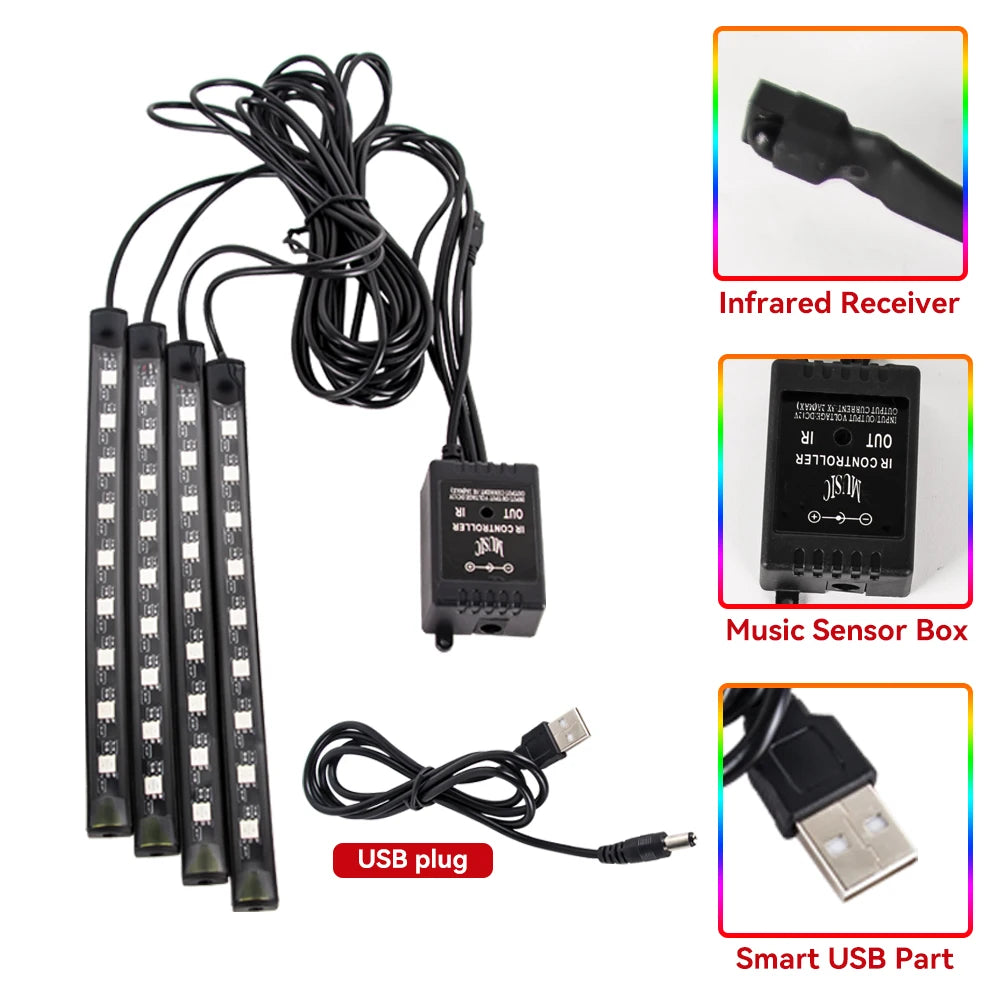 Car RGB Ambient Light LED Auto Foot Strips with USB Cigarette Automotive Interior Lights Strip Decoration Bar Control
