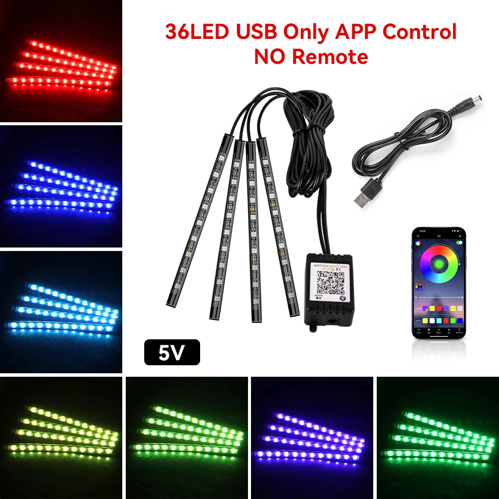 Car RGB Ambient Light LED Auto Foot Strips with USB Cigarette Automotive Interior Lights Strip Decoration Bar Control