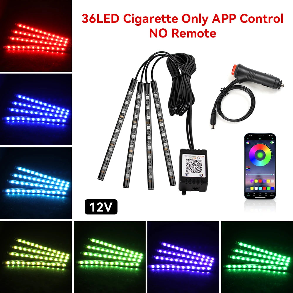 Car RGB Ambient Light LED Auto Foot Strips with USB Cigarette Automotive Interior Lights Strip Decoration Bar Control
