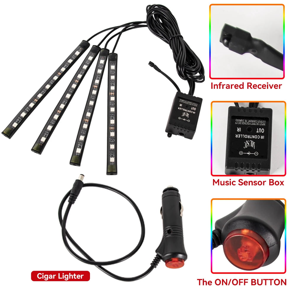 Car RGB Ambient Light LED Auto Foot Strips with USB Cigarette Automotive Interior Lights Strip Decoration Bar Control