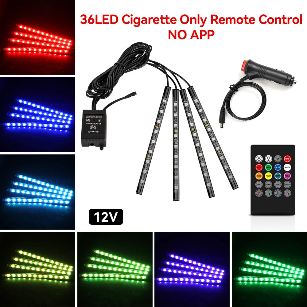Car RGB Ambient Light LED Auto Foot Strips with USB Cigarette Automotive Interior Lights Strip Decoration Bar Control