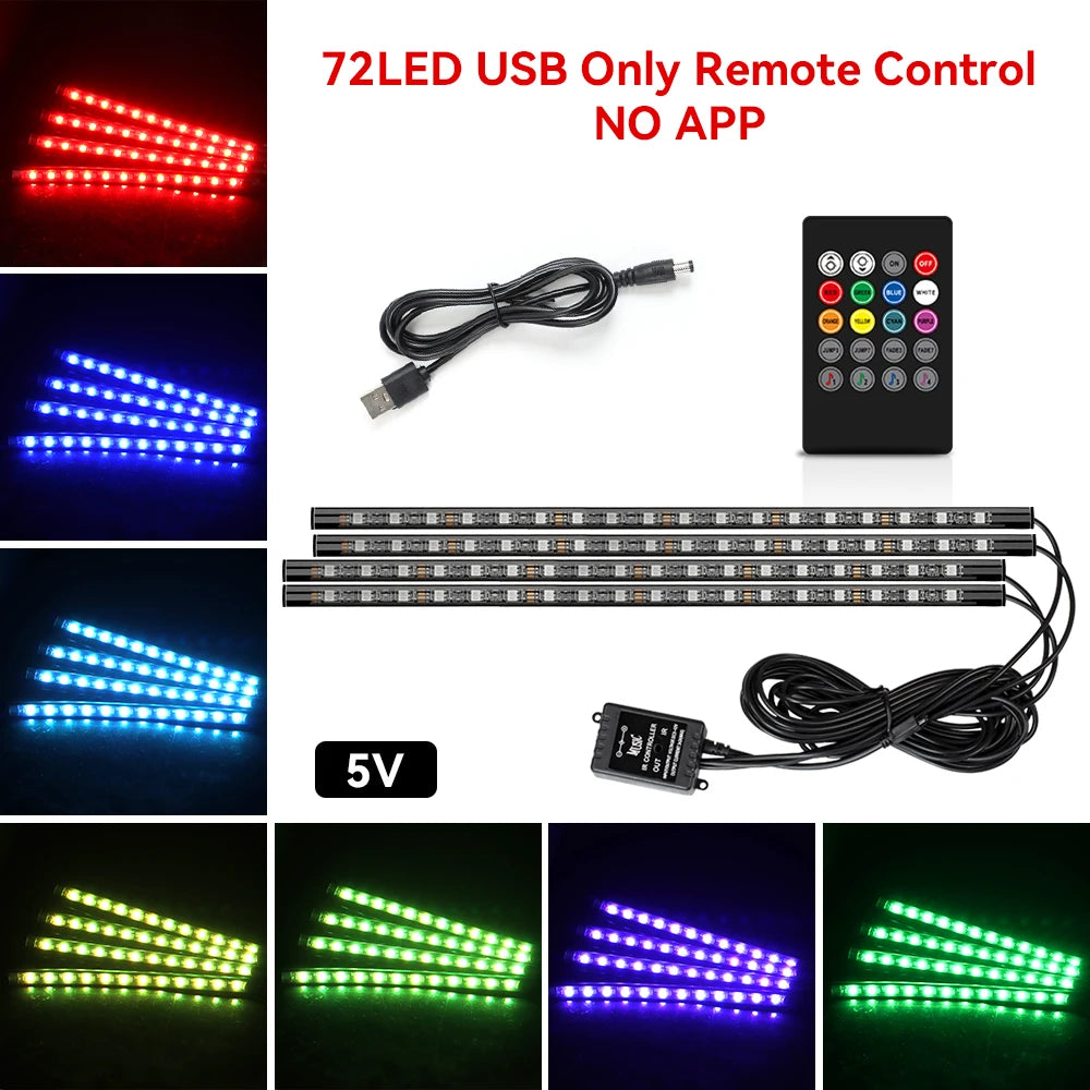 Car RGB Ambient Light LED Auto Foot Strips with USB Cigarette Automotive Interior Lights Strip Decoration Bar Control