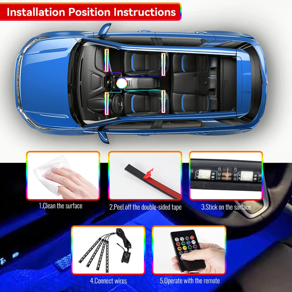 Car RGB Ambient Light LED Auto Foot Strips with USB Cigarette Automotive Interior Lights Strip Decoration Bar Control