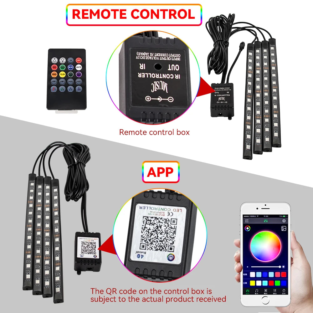 Car RGB Ambient Light LED Auto Foot Strips with USB Cigarette Automotive Interior Lights Strip Decoration Bar Control