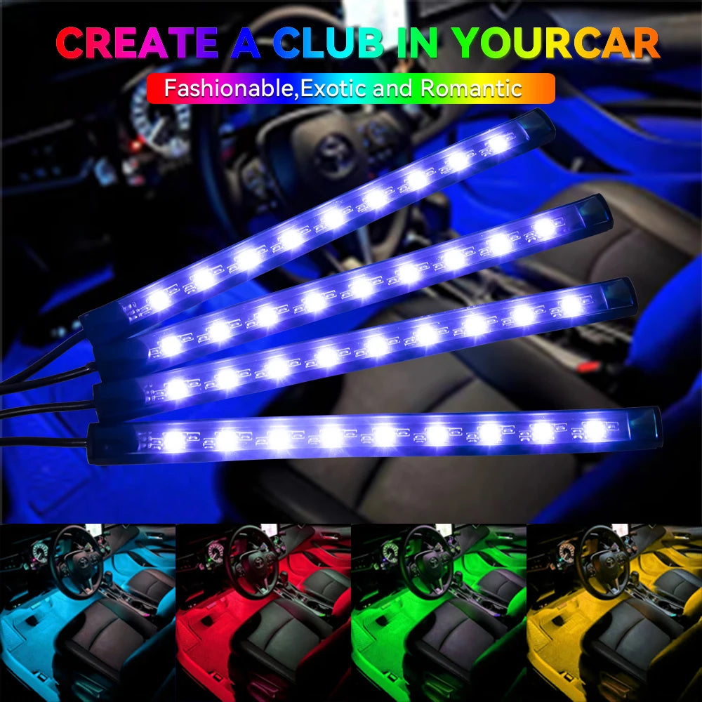 Car RGB Ambient Light LED Auto Foot Strips with USB Cigarette Automotive Interior Lights Strip Decoration Bar Control
