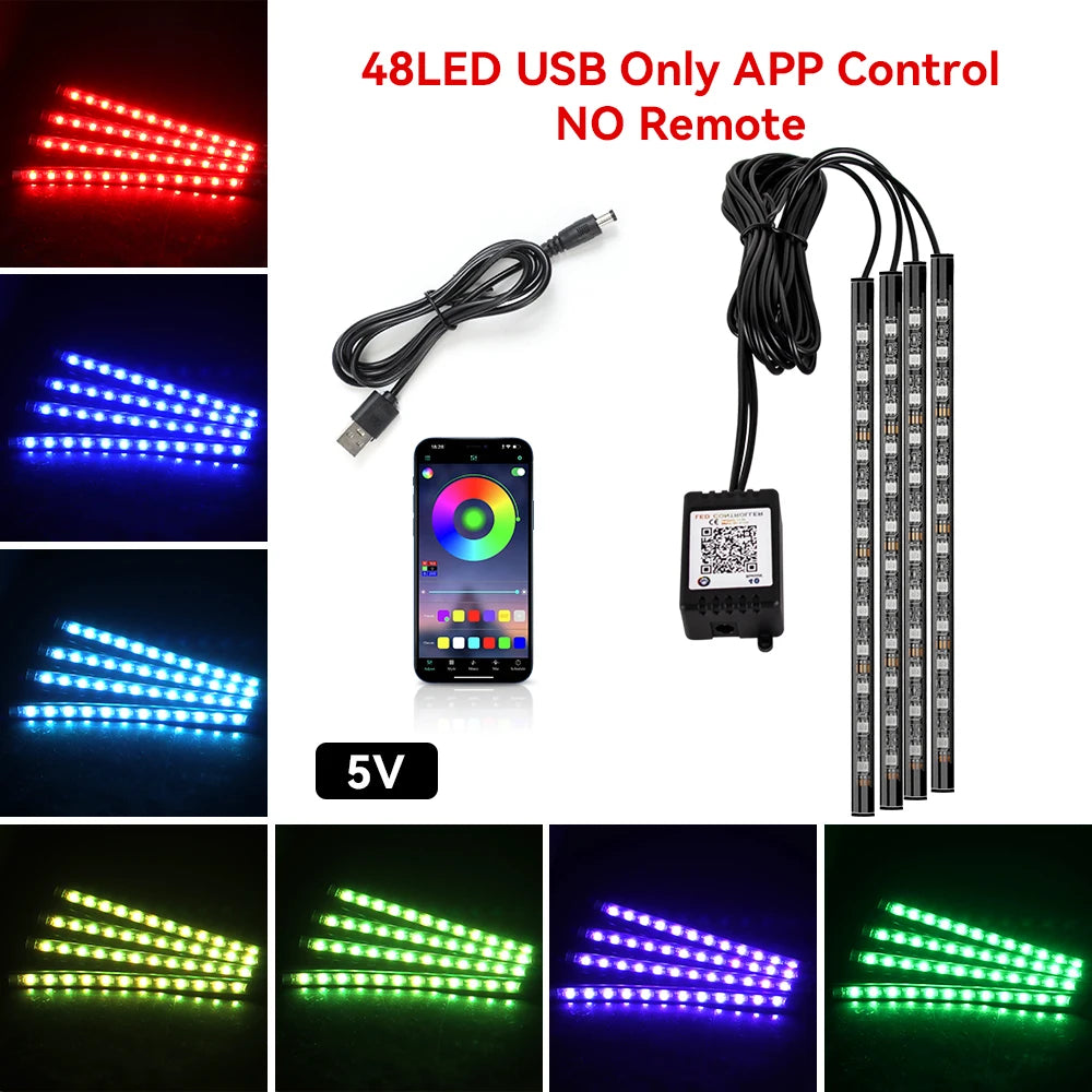 Car RGB Ambient Light LED Auto Foot Strips with USB Cigarette Automotive Interior Lights Strip Decoration Bar Control