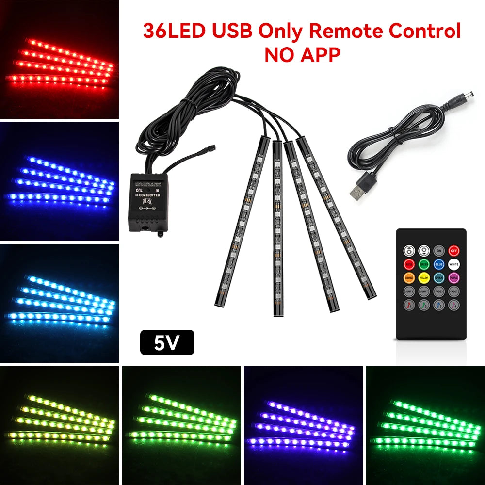Car RGB Ambient Light LED Auto Foot Strips with USB Cigarette Automotive Interior Lights Strip Decoration Bar Control