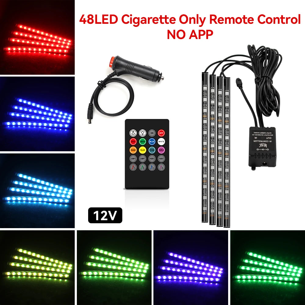 Car RGB Ambient Light LED Auto Foot Strips with USB Cigarette Automotive Interior Lights Strip Decoration Bar Control