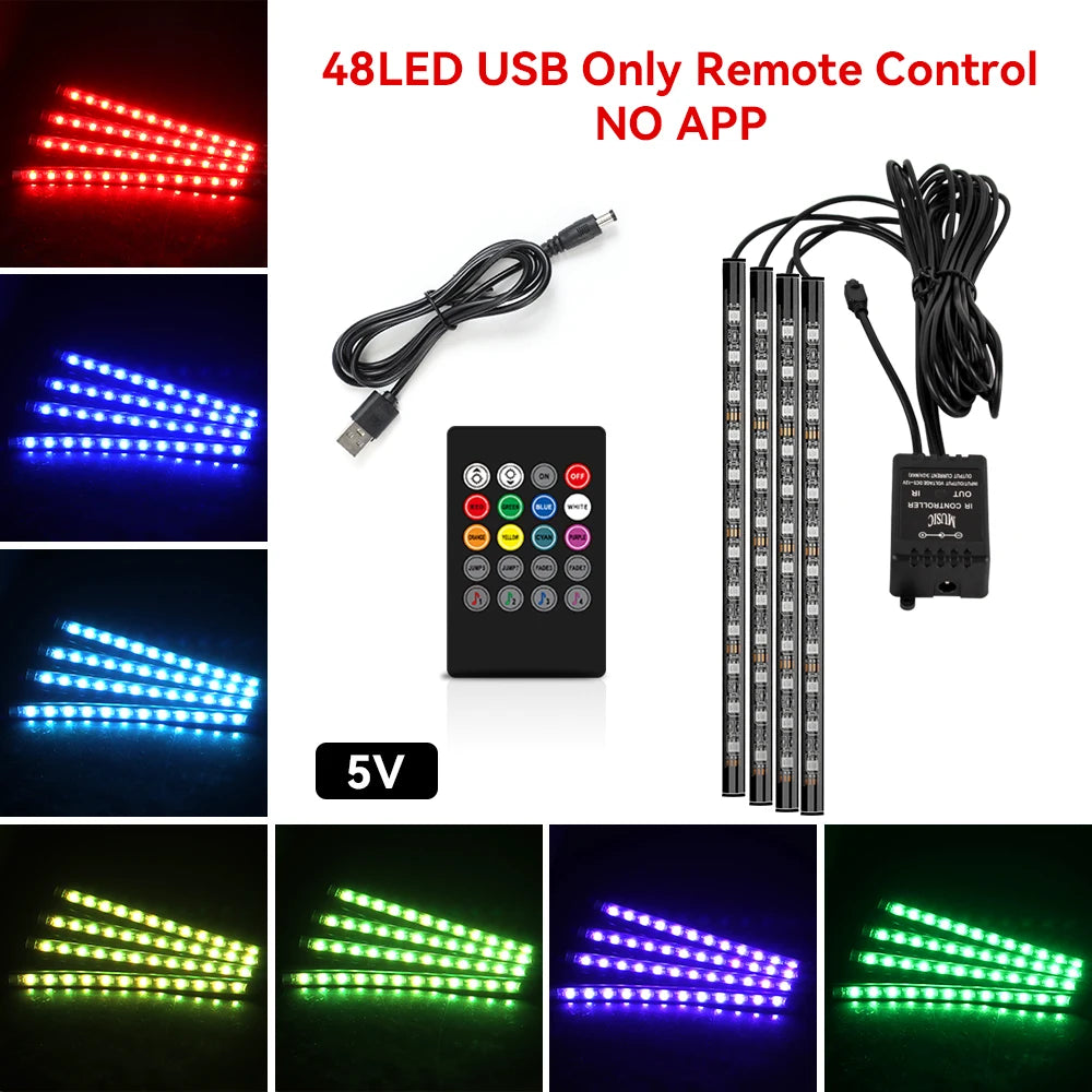 Car RGB Ambient Light LED Auto Foot Strips with USB Cigarette Automotive Interior Lights Strip Decoration Bar Control