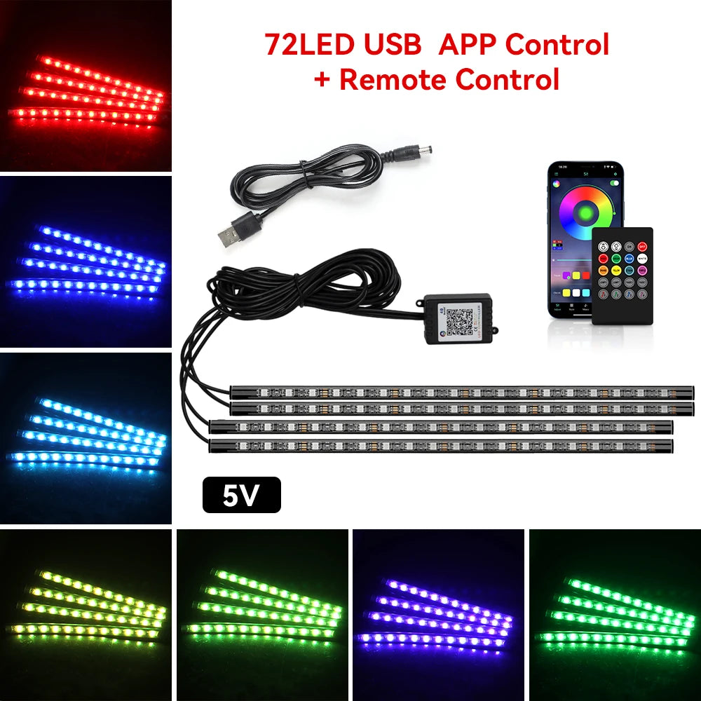 Car RGB Ambient Light LED Auto Foot Strips with USB Cigarette Automotive Interior Lights Strip Decoration Bar Control