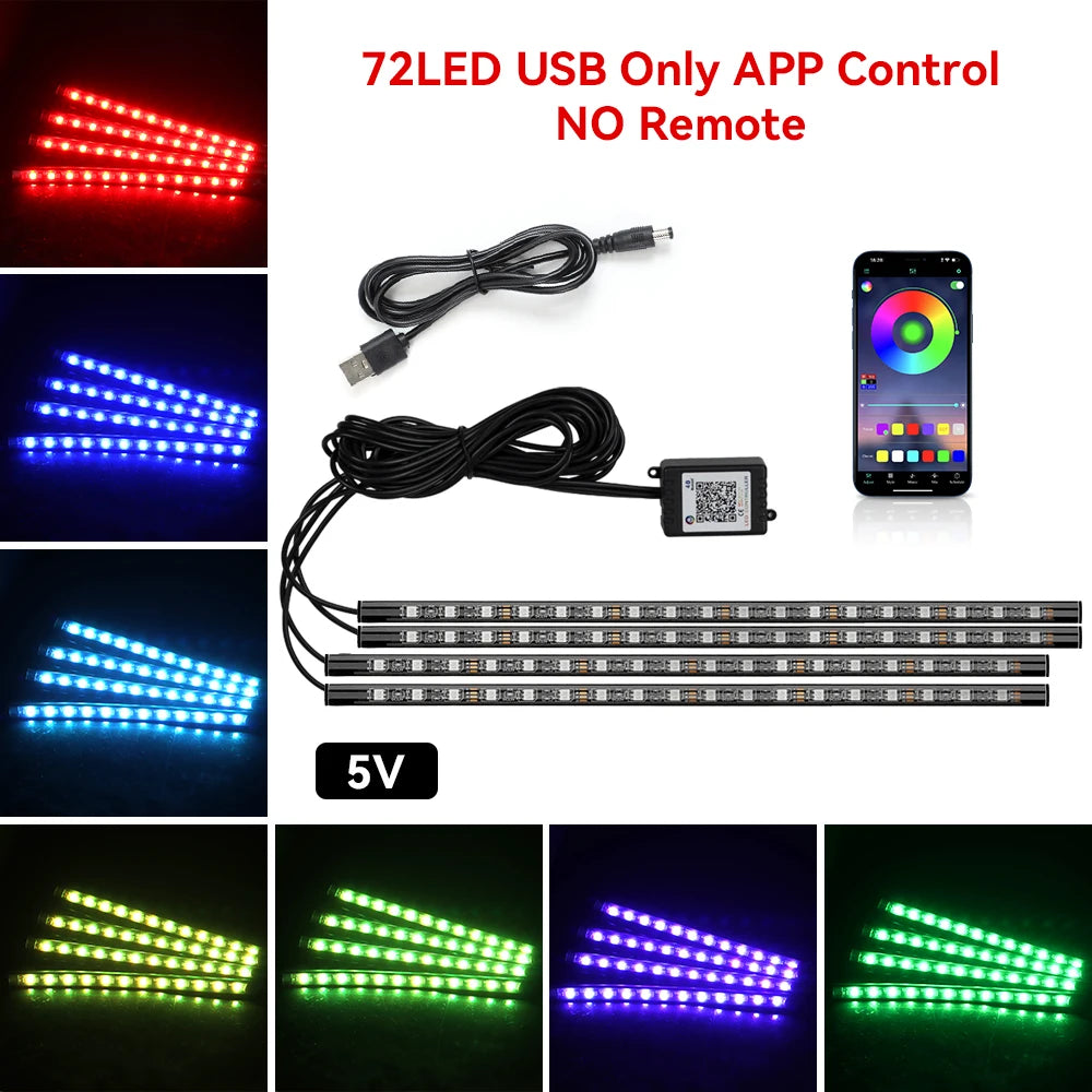 Car RGB Ambient Light LED Auto Foot Strips with USB Cigarette Automotive Interior Lights Strip Decoration Bar Control